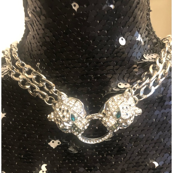 3 piece Jewelry Set PANTHER Necklace & Earrings with Rhinestones in Silver - Picture 2 of 7